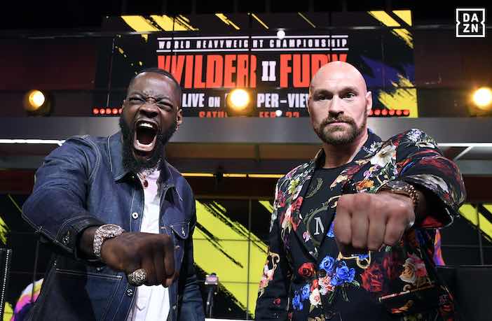 OS ANGELES, CA - JANUARY 25: Deontay Wilder (L) and Tyson Fury face off during a news conference at Fox Studios on January 25, 2020 in Los Angeles, California. (Photo by Kevork Djansezian/Getty Images)