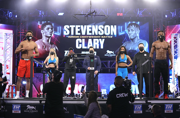 LAS VEGAS, NV - DECEMBER 11: Shakur Stevenson and Toka Kahn Clary pose at the MGM Grand Conference Center on December 11, 2020 in Las Vegas, Nevada. (Photo by Mikey Williams/Top Rank Inc via Getty Images)