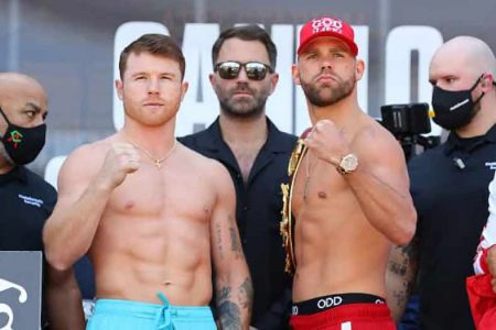 Pesaje Canelo vs Saunders (Foto: Ed Mulholland / Matchroom)