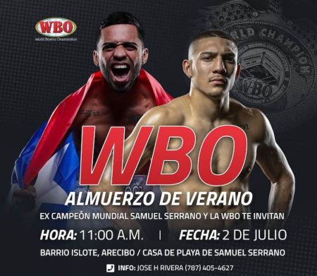 LA ORGANIZACIÓN MUNDIAL DE BOXEO ENTREGARÁ CINTURÓN ESPECIAL A TEÓFIMO LÓPEZ; RECONOCIMIENTO AL CAMPEÓN MUNDIAL ÓSCAR COLLAZO La Organización Mundial de Boxeo (OMB), presidida por el licenciado Francisco Valcárcel, realizará su anual reunión de leyendas del boxeo, campeones mundiales, prospectos y personalidades de interés, el próximo domingo, 2 de julio de 2023 en el barrio Islote en Arecibo en la casa de playa del excampeón mundial Samuel ‘Torbellino’ Serrano. Óscar Collazo y Teófimo López